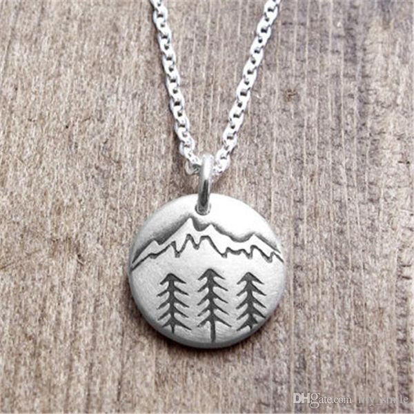 round handmade tree necklace jewelry wholesale.pines and distant peaks handmade landscape necklace.forest outdoor climbing necklace, Silver